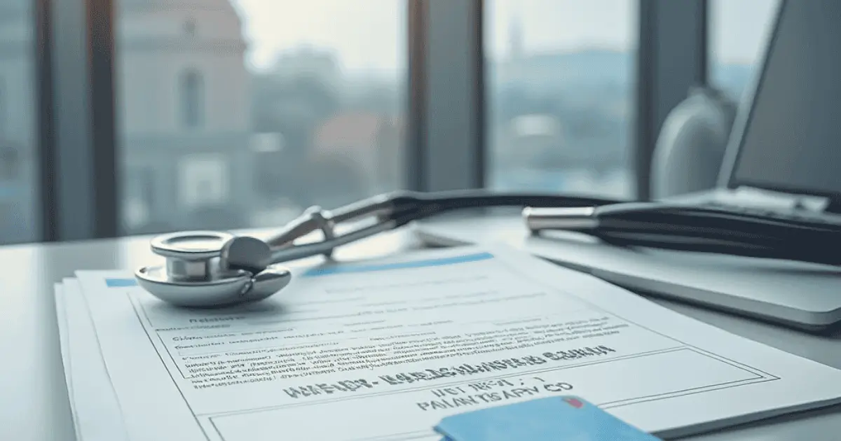 Health Insurance to the Government in Hungary. Official Hungarian health insurance document with a stethoscope on a desk, symbolizing government healthcare contributions.