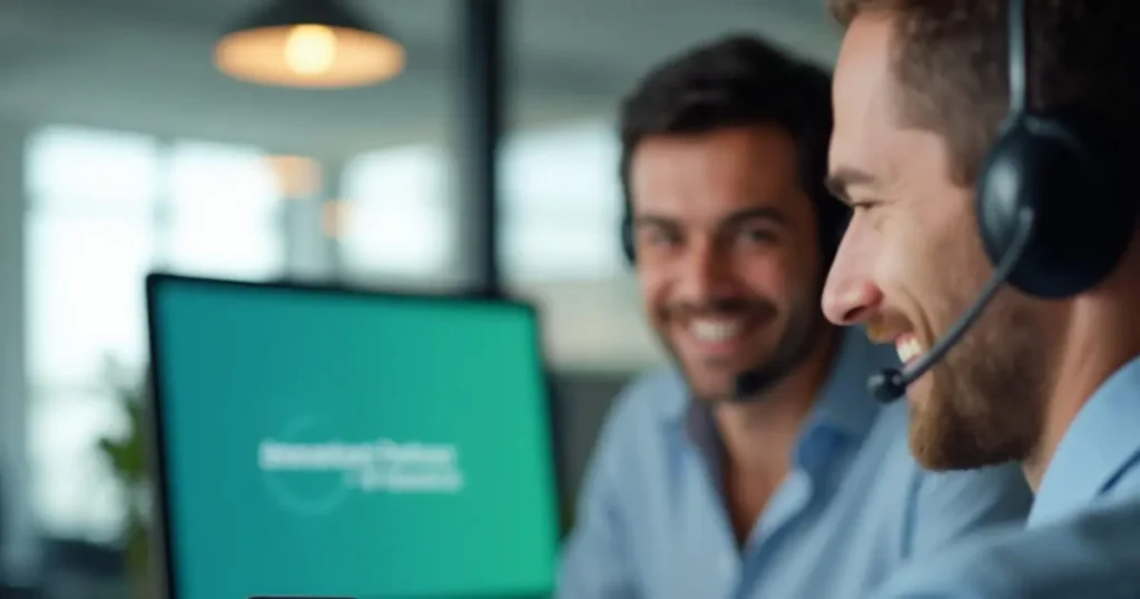 Smiling customer service agent wearing a headset, providing support for Innovative Partners Health Insurance over the phone.