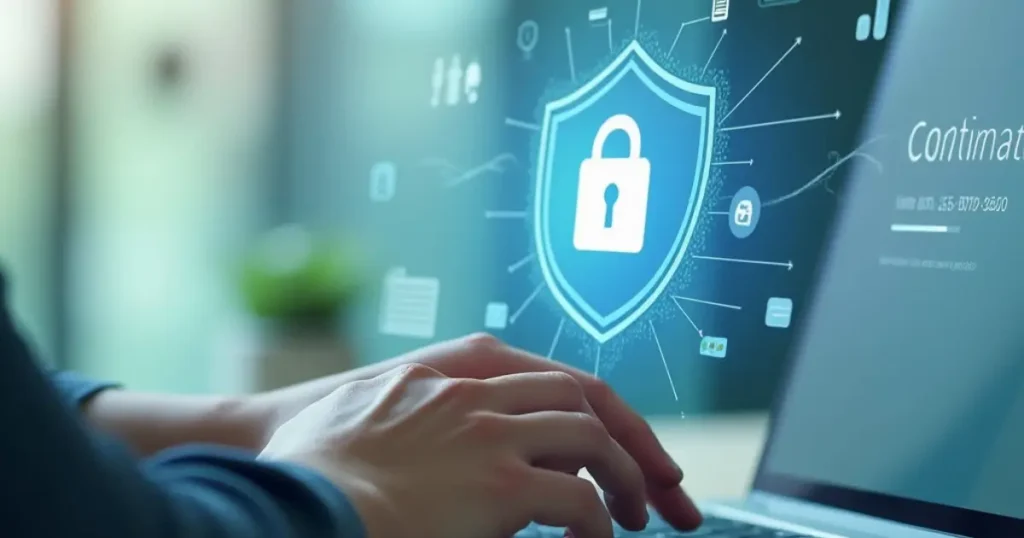 Person using a laptop to make an online payment on the Innovation Health website, with a secure transaction confirmation screen