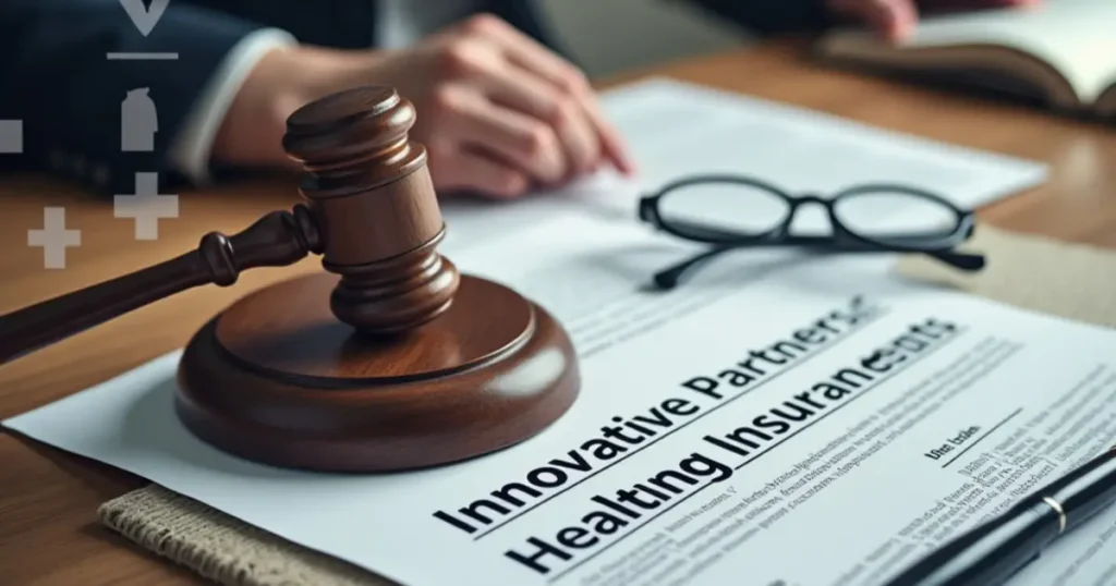 Legal documents and a gavel symbolizing the Innovative Partners Health Insurance lawsuit in a professional courtroom setting
