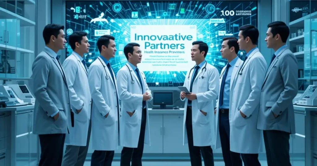 Group of healthcare professionals discussing in a modern office setting, representing Innovative Partners Health Insurance providers