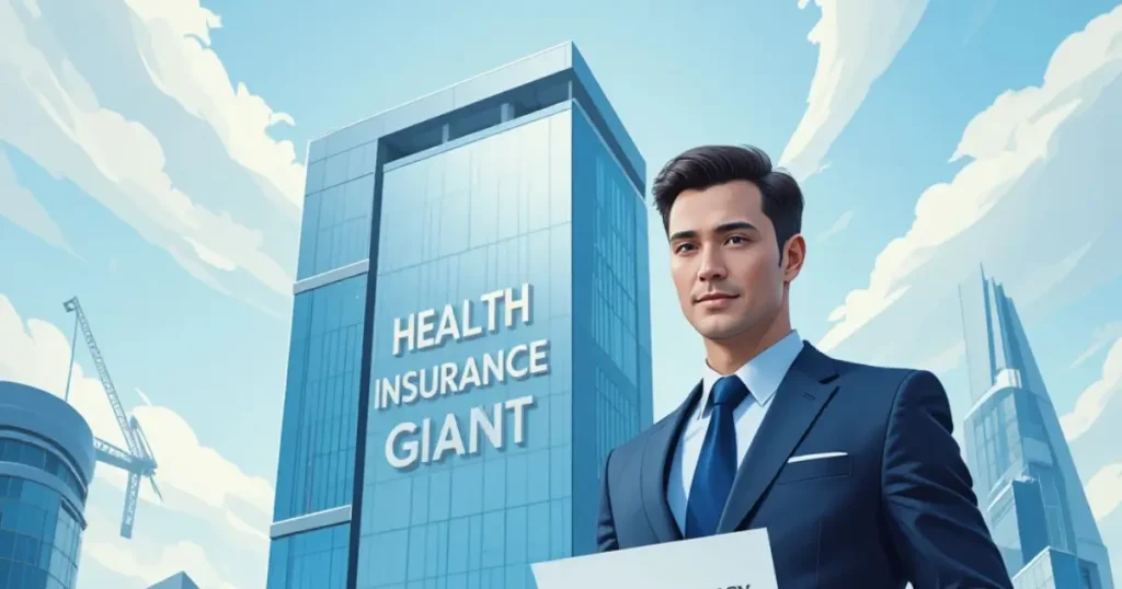 Health Insurance Giant Explained: Leaders in the Market - Businessman holding insurance policy in front of a corporate skyscraper representing major health insurance companies.