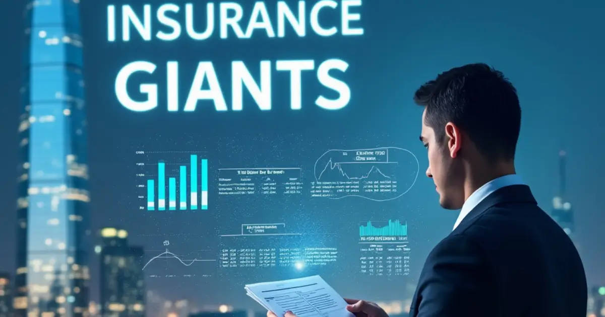 A businessman analyzing insurance data with futuristic digital graphs in a cityscape background, highlighting Insurance Giants.