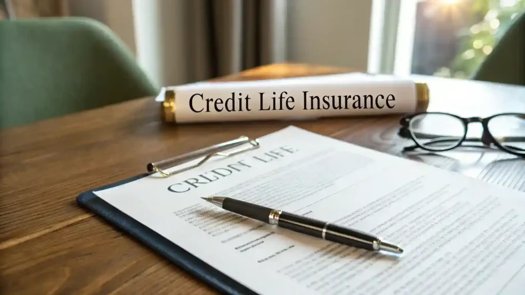 A detailed insurance contract labeled "Credit Life Insurance is" on a wooden office desk with a pen and glasses, symbolizing financial security.