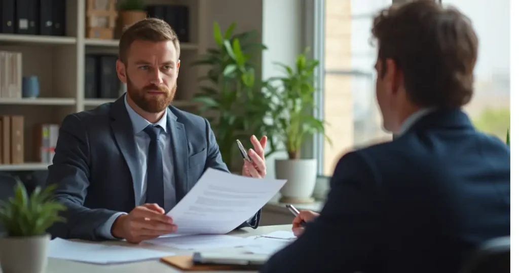 Life insurance lawyer consulting with clients about claims and disputes.