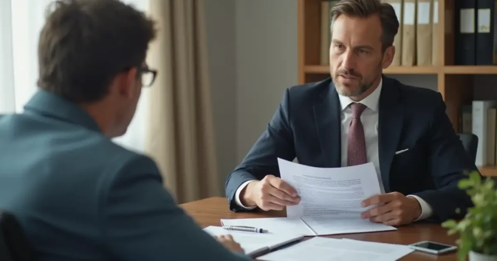 Life insurance lawyer consulting with clients about claims and disputes.