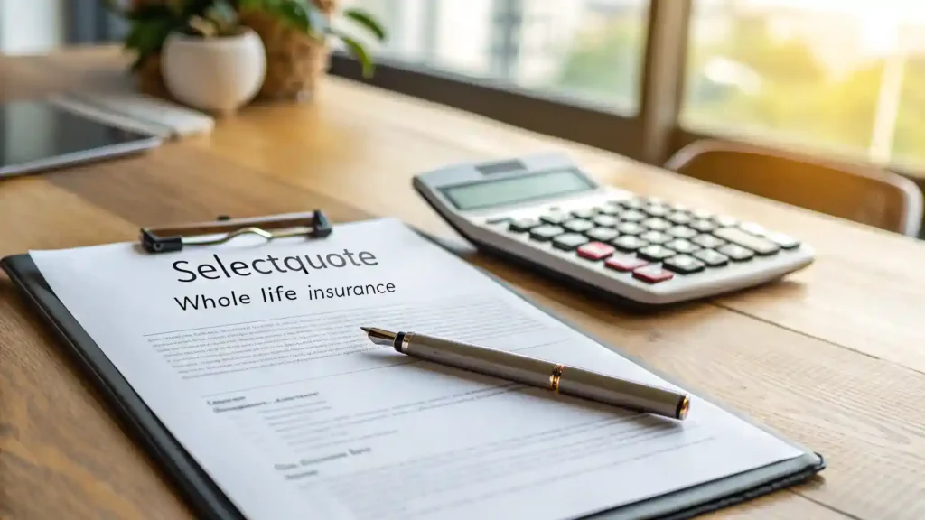 A Select Quote Whole Life Insurance policy document on a wooden desk, accompanied by a pen and calculator, representing financial planning and security.